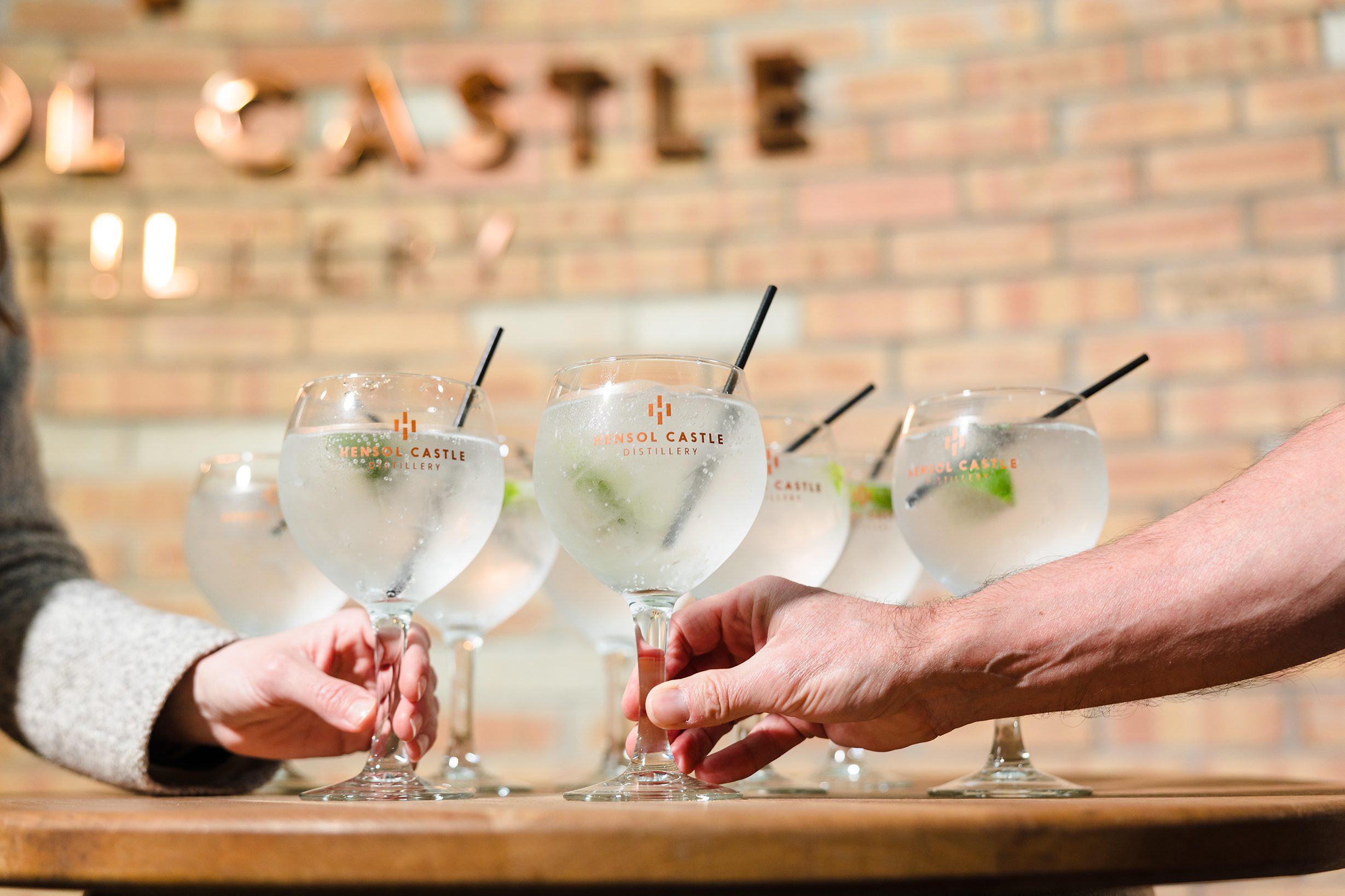 Hands holding gin and tonic glasses branded with the Hensol Castle Distillery logo.
