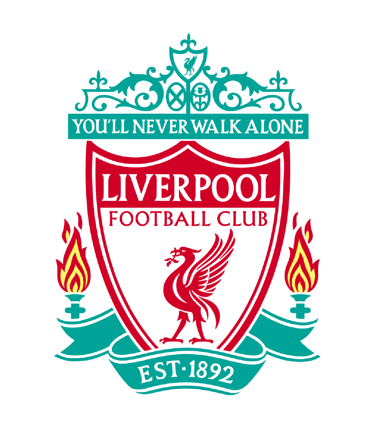 Liverpool Football Club logo, featuring a red liver bird, the words "You'll Never Walk Alone," and the established year, 1892, with decorative elements and flames.