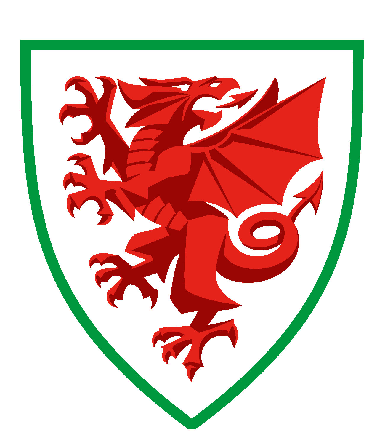 A red dragon in a heraldic style is centered on a white shield outlined in green. The dragon is depicted in a dynamic pose with wings spread.
