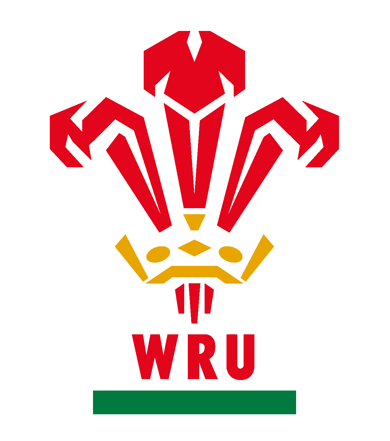 Welsh Rugby Union logo featuring a stylized, three-feather emblem in red and gold above the letters "WRU" in red on a green base.