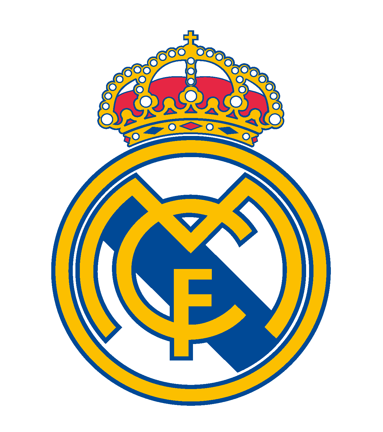 The image shows the Real Madrid FC logo, featuring a stylized "M" and "F" intertwined within a circle, topped with a royal crown, in blue and yellow colors.