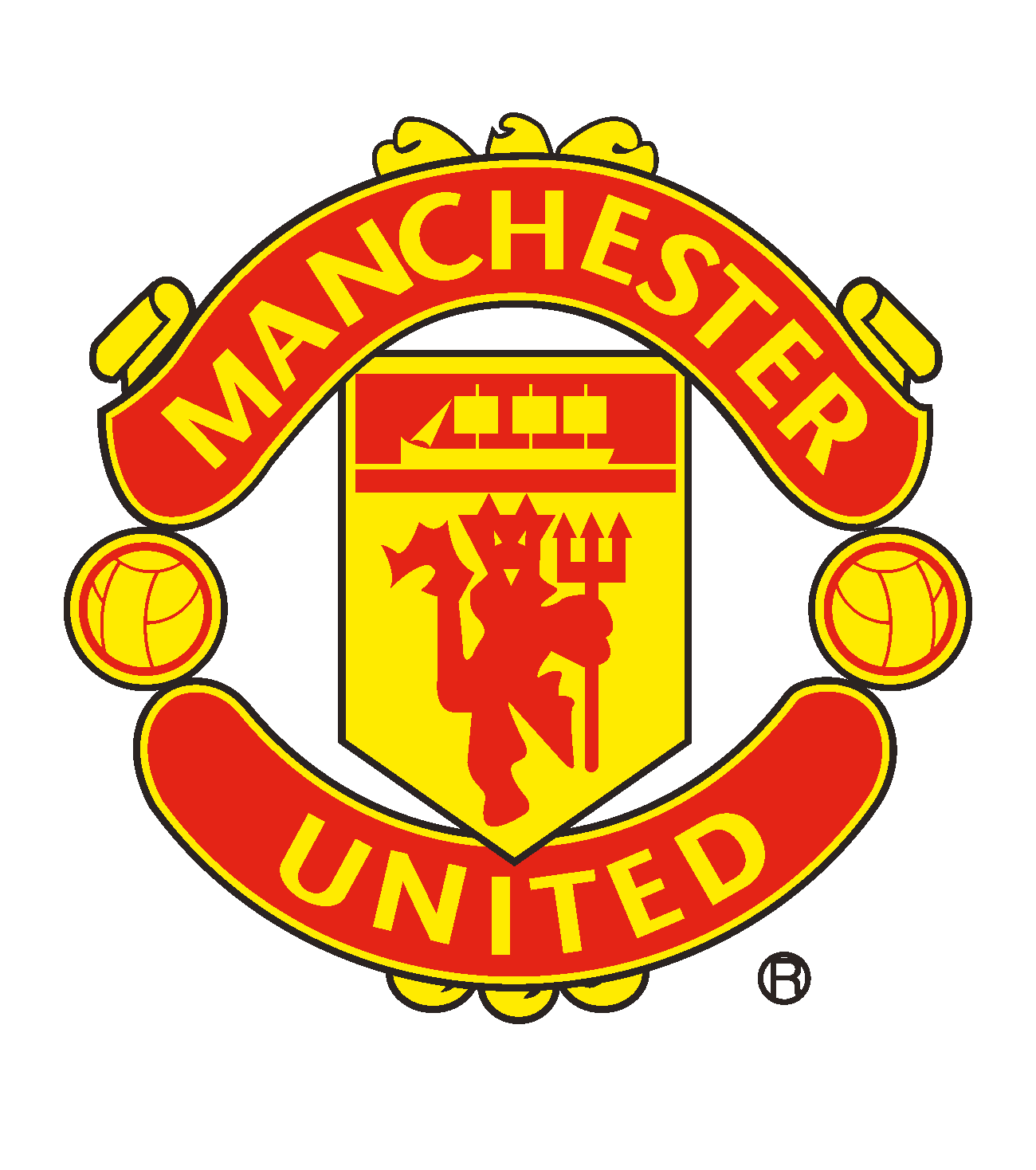 Manchester United logo featuring a red devil holding a trident, a sailing ship, and two footballs within a red and yellow crest.
