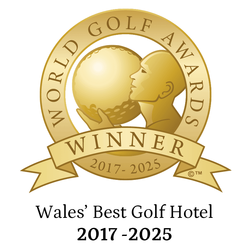 Gold World Golf Awards winner badge for Wales' Best Golf Hotel, 2017-2025.